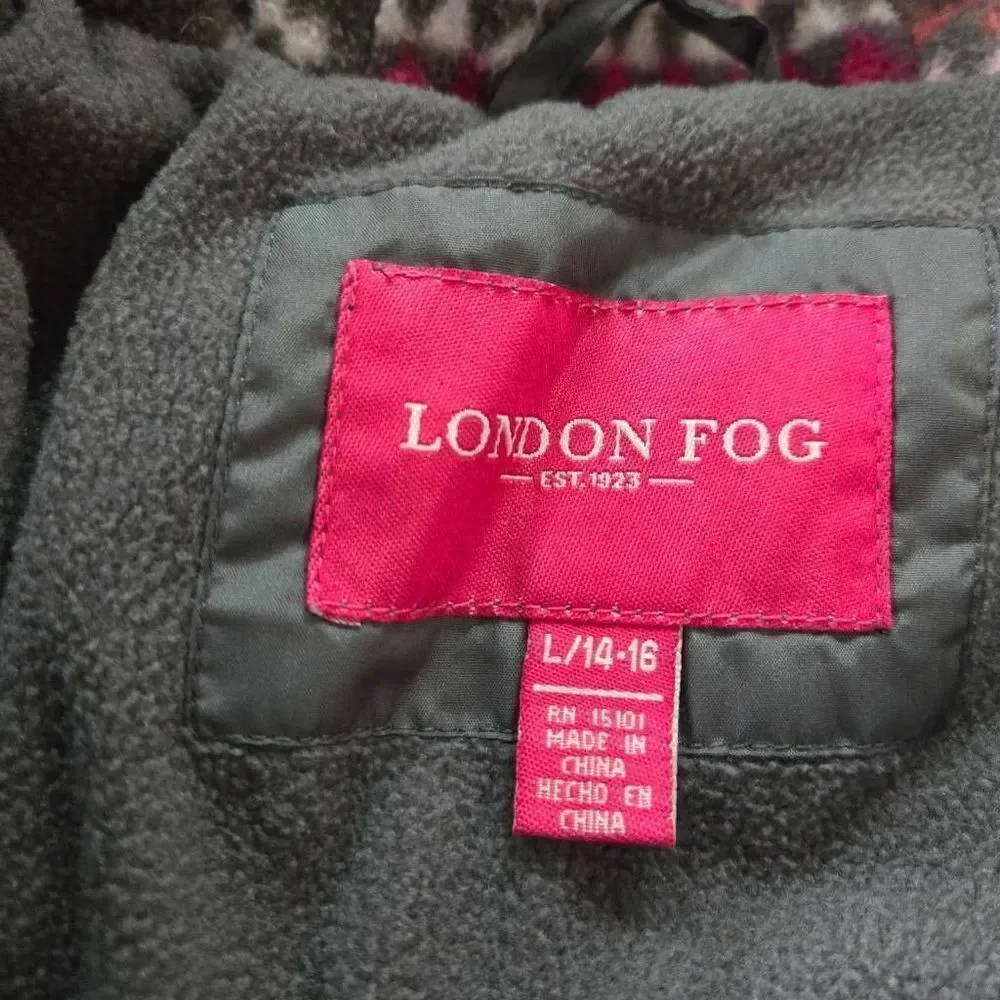 London Fog Girls Gray Puffer Jacket XL/14-16 Faux Fur Trimmed Hood